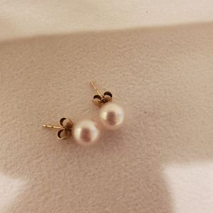 Certified Hanadama 7.3mm Akoya Pearl Earrings with 14k Yellow Gold Posts